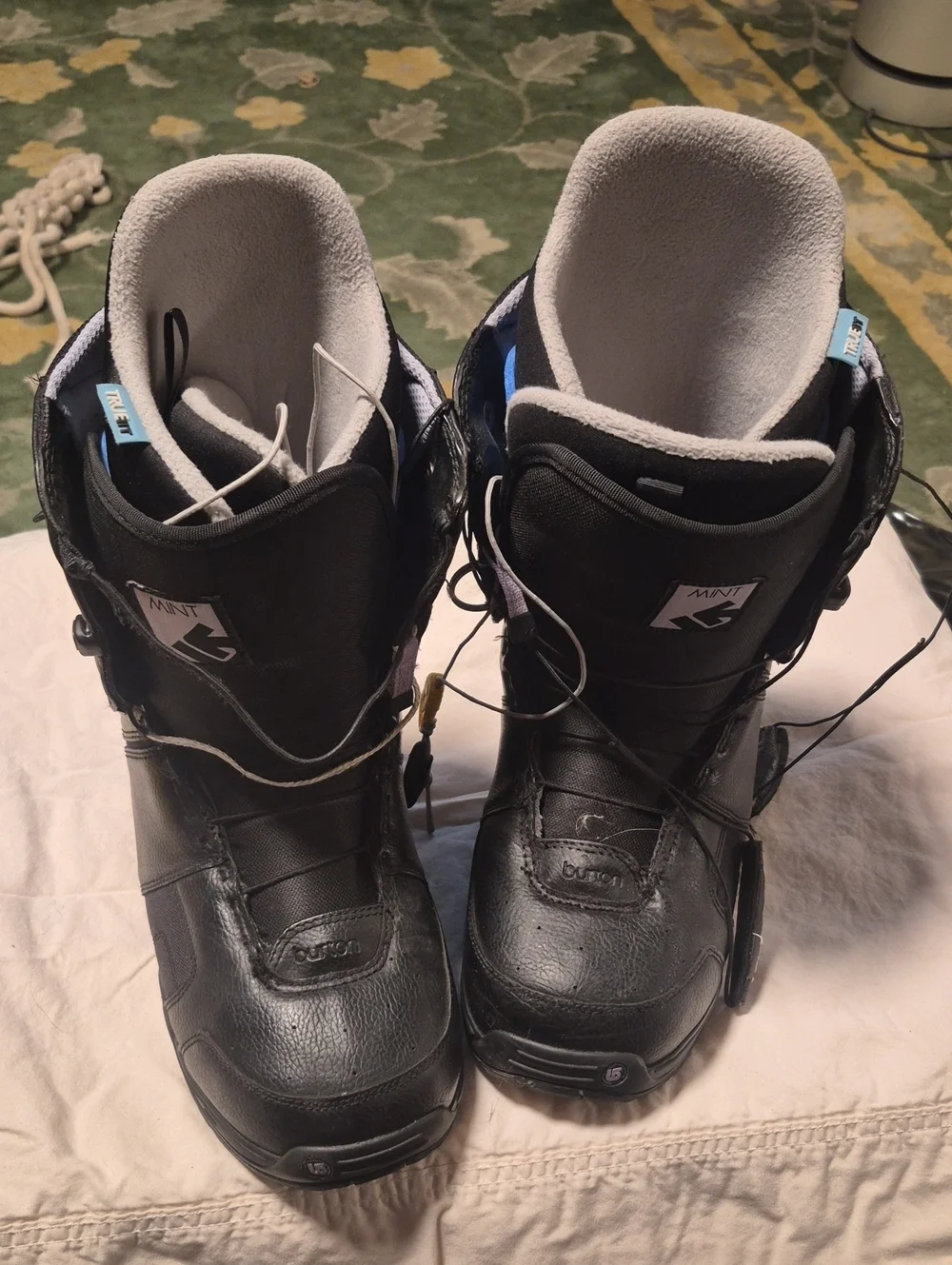 Burton Black Snowboard Boots with Light Gray Liner and Blue Accents